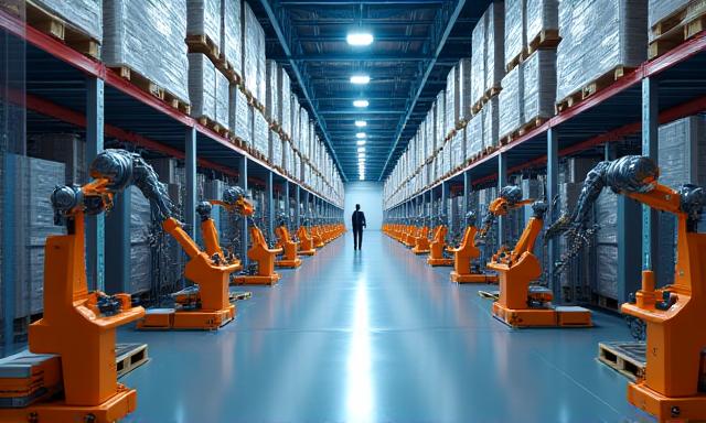 Automated warehouse fulfillment center with robotics and logistics automation